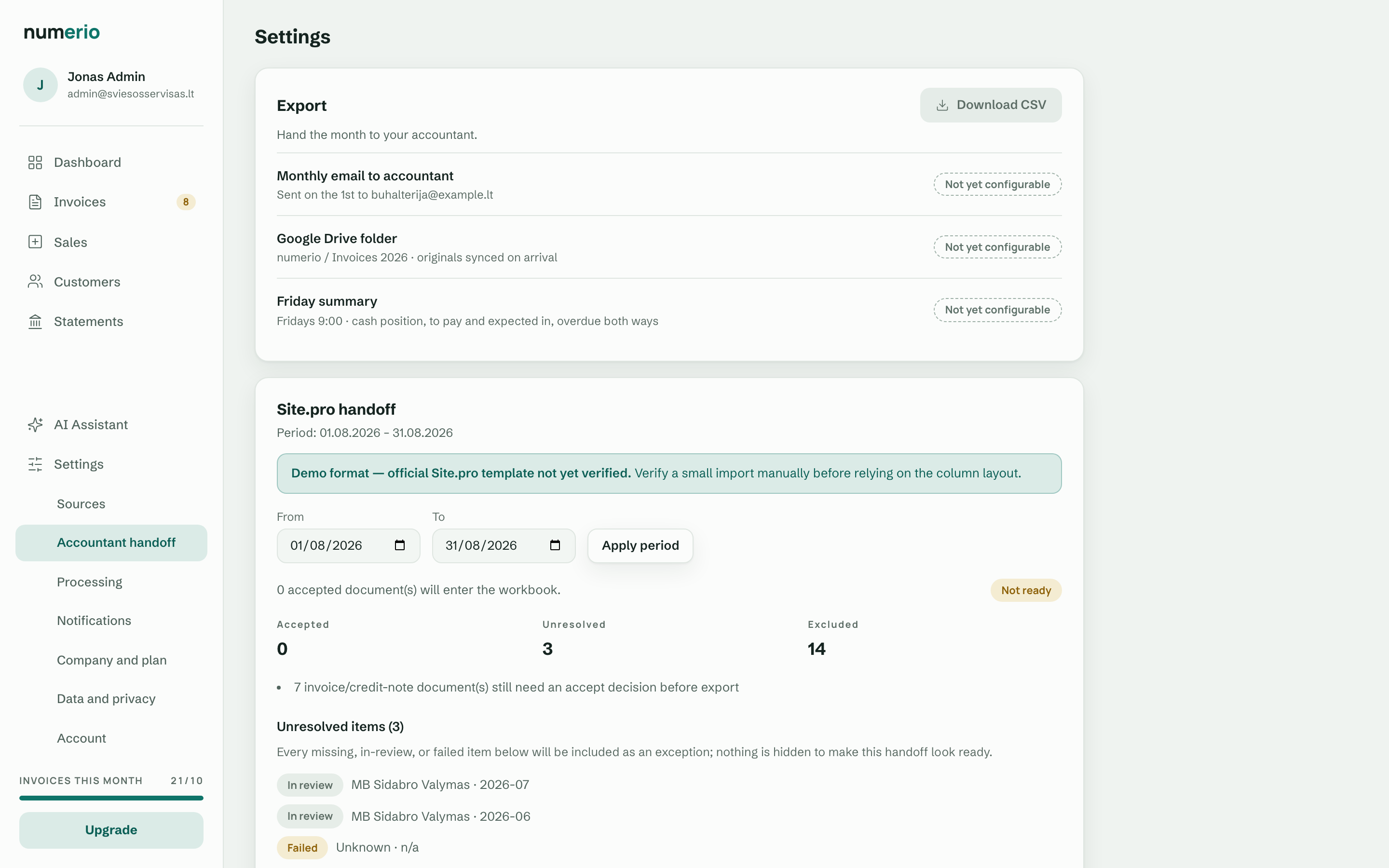 numerio accountant package export screen with the summary spreadsheet, originals and exceptions.csv